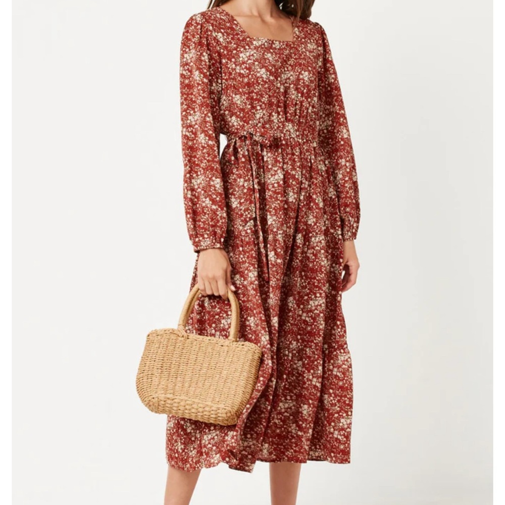 Womens Square Neck Puff Sleeve Belted Dress